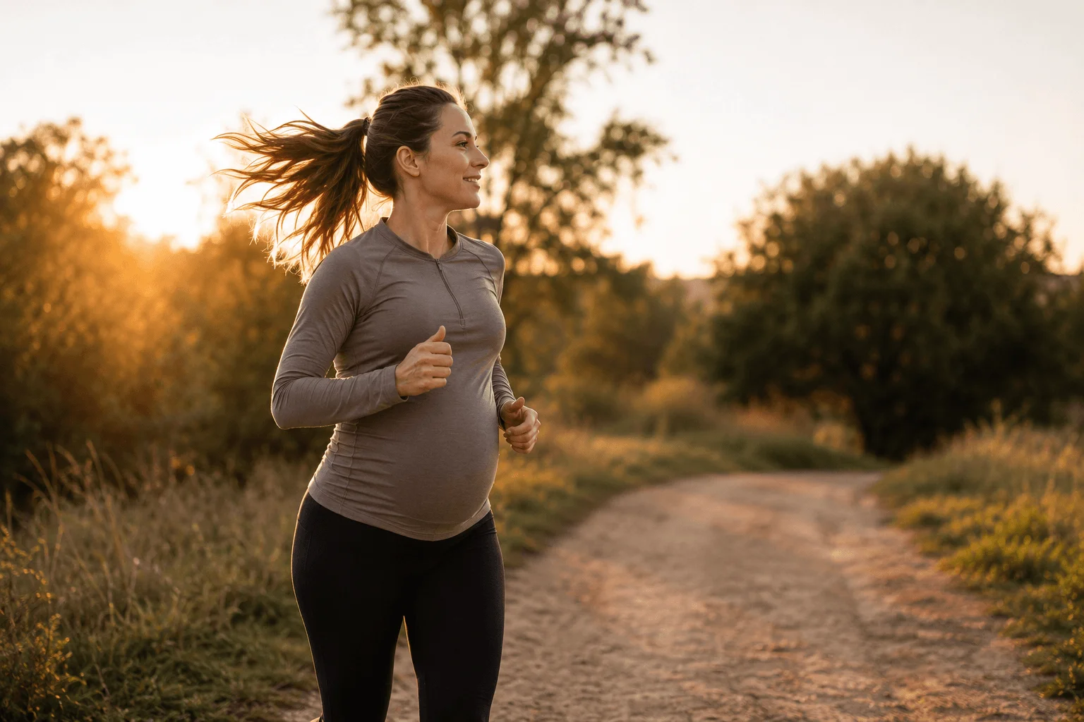 Femme enceinte courant au coucher du soleil — course à pied pendant la grossesse
